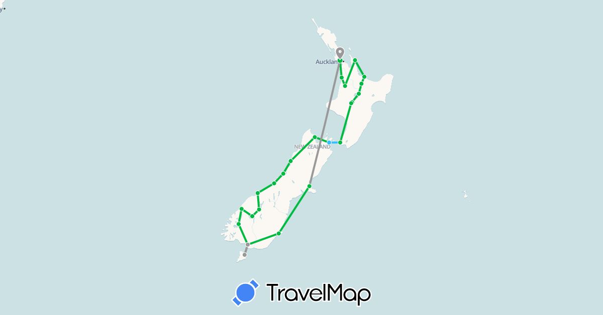 TravelMap itinerary: driving, bus, plane, boat in New Zealand (Oceania)