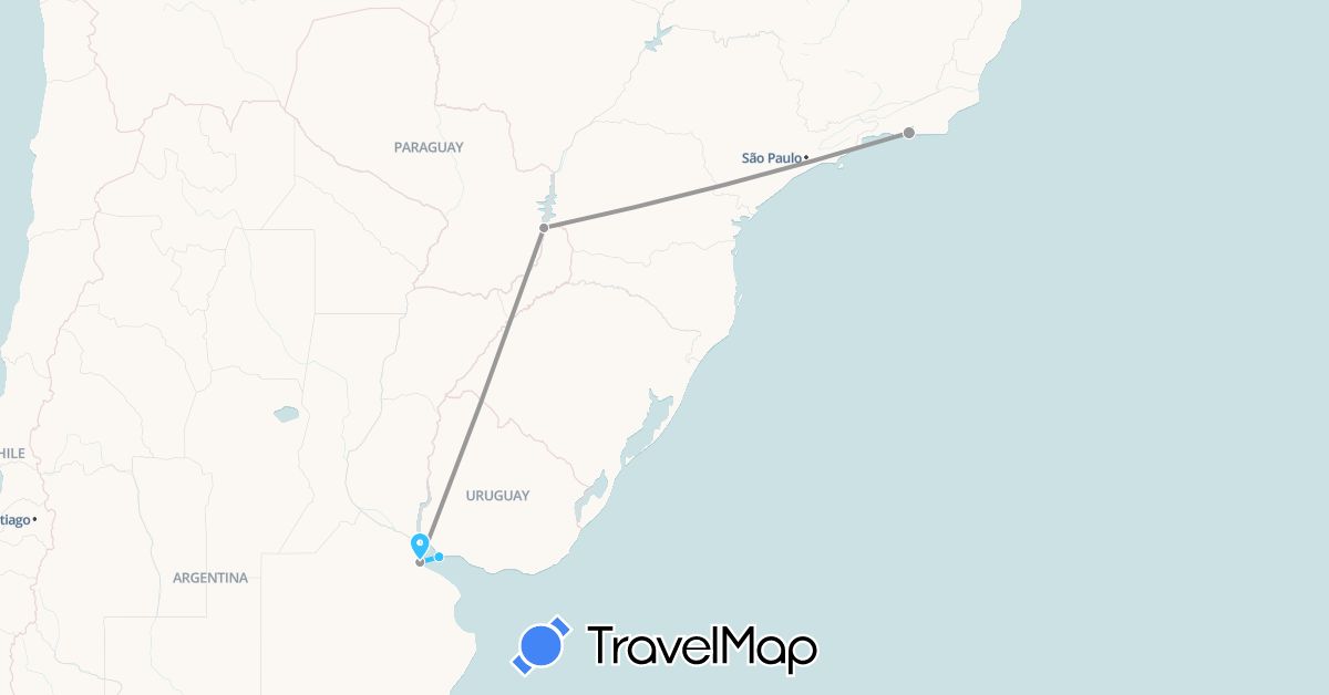 TravelMap itinerary: driving, plane, boat in Argentina, Brazil, Uruguay (South America)